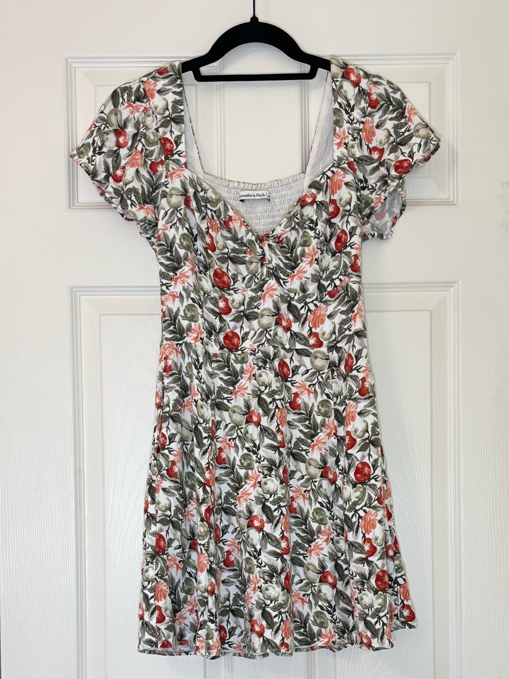 Abercrombie & Fitch Smocked Babydoll Coquette Fruit and Floral Print Mini Dress